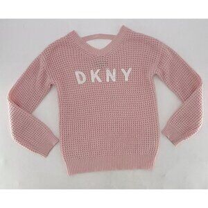 DKNY Girl’s Flip‎ Sequin Spell Out Pink Knit V-Neck Sweater Size XL Preppy